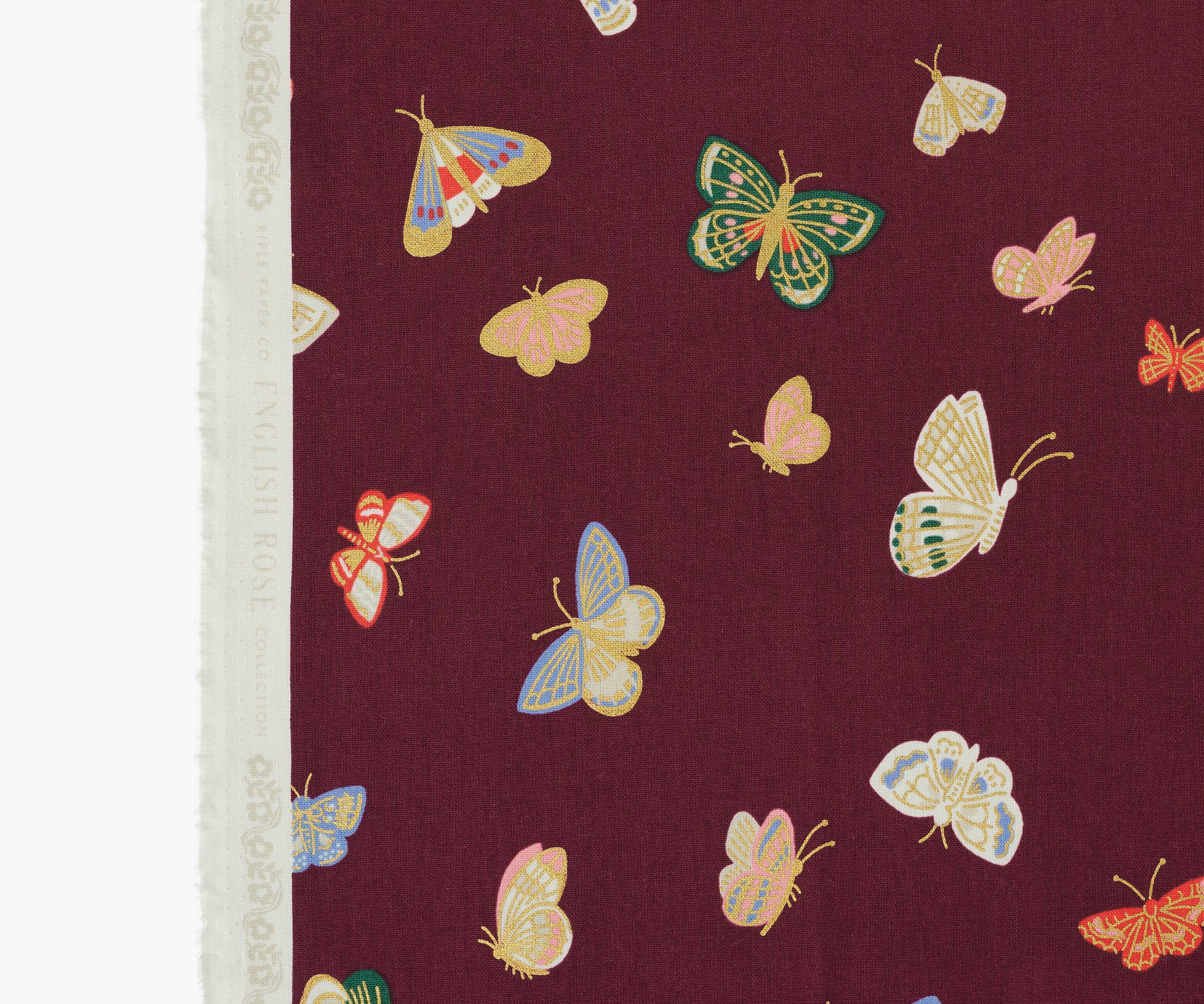 Butterfly House Canvas Metallic Fabric - Burgundy